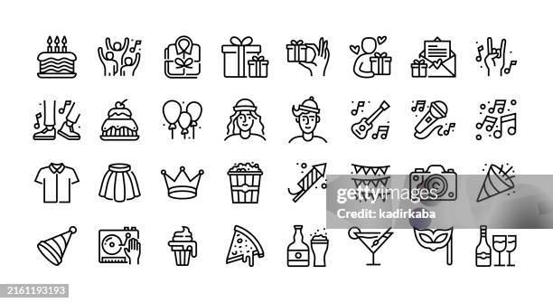ilustraciones, imágenes clip art, dibujos animados e iconos de stock de conjunto de iconos de línea de feliz cumpleaños. grupo de objetos. tarta de cumpleaños, aniversario, tarta, celebración, regalo. - petardos