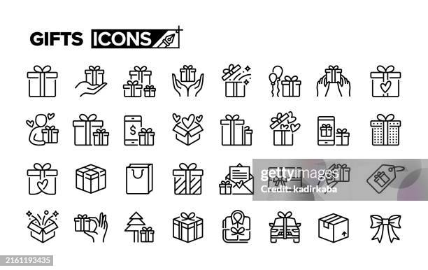 illustrations, cliparts, dessins animés et icônes de coffret cadeau ligne icône set. groupe d’objets. cadeau, noël, fête, offrir un cadeau, acheter un cadeau. - boutique de souvenirs