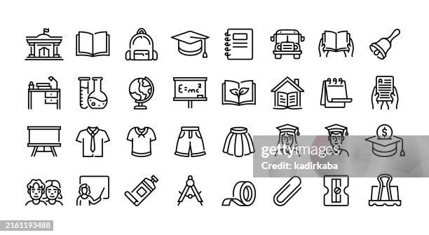 back to school, line icon set. group of object. school, book, school bag, graduation, preschool, education, learning. - kindergarten graduation images stock illustrations
