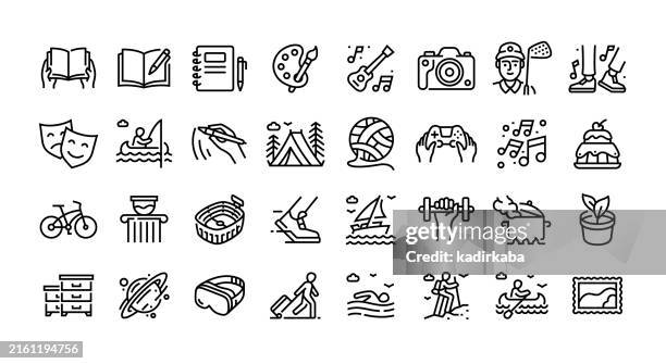 illustrazioni stock, clip art, cartoni animati e icone di tendenza di set di icone della linea degli hobby. gruppo di oggetti. - hobby