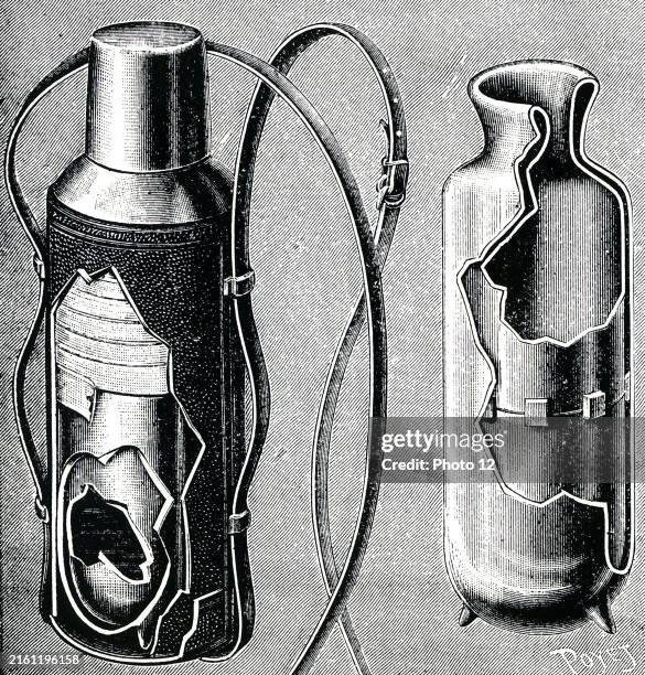 Engraving depicting James Dewar's vacuum flasks. Sir James Dewar a Scottish chemist and physicist. Dated 20th Century.