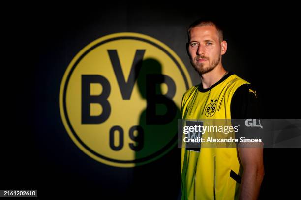 Borussia Dortmund unveils new signing Waldemar Anton on July 8, 2024 in Dortmund, Germany.