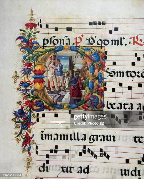 Illuminated initial with the Martyrdom of St. Agatha.
