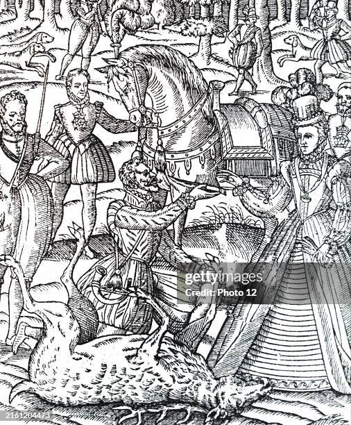Engraving depicting Queen Elizabeth I on the hunting field to perform the ceremony of assaying the stag and is handed the knife by the huntsman....