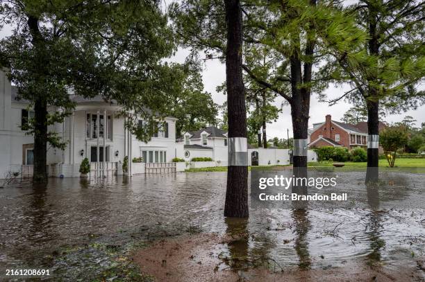 Home is surrounded in floodwater during Hurricane Beryl on July 08, 2024 in Houston, Texas. Tropical Storm Beryl developed into a Category 1...