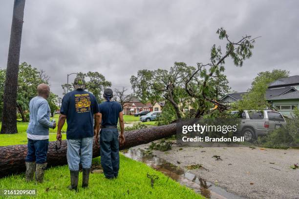 Residents assess a fallen tree in their in their neighborhood after Hurricane Beryl swept through the area on July 08, 2024 in Houston, Texas....