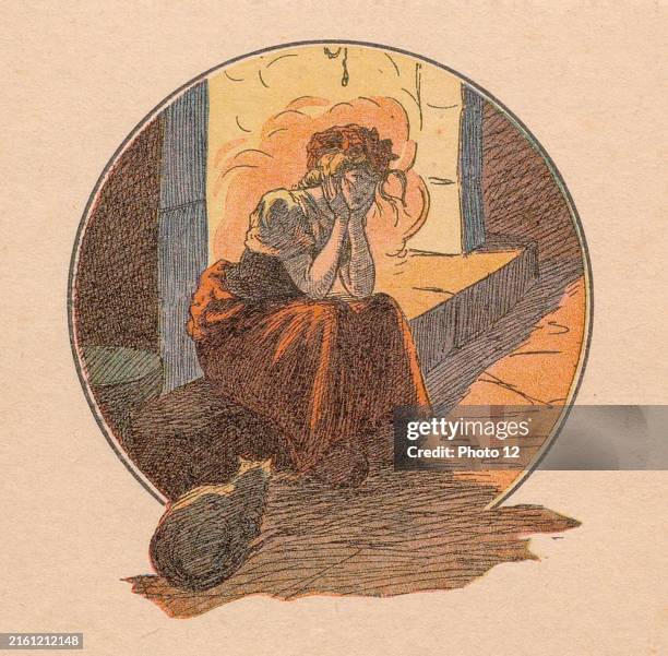 Cinderella. Illustration published in "Les contes de Perrault", by Charles Perrault, illustrated by A. Robida, E. Tap, R. Candide and published by...