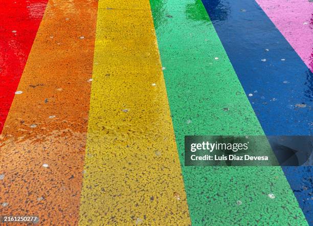 zebra crossing with lgbt flag - zebrapad stockfoto's en -beelden