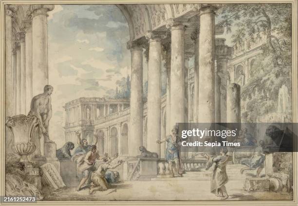 Hall with Ionic columns and three lion statues, antique set pieces and staffage figures, Giovanni Paolo Pannini drawing, pen and watercolour, 24.4 x...