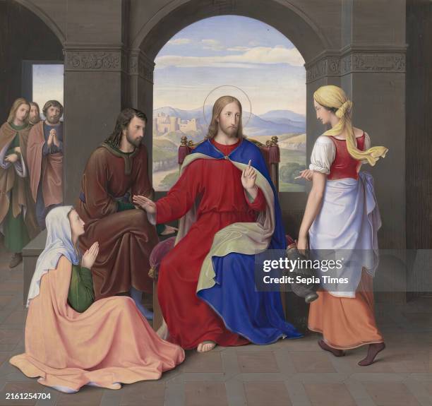 Christ In The House Of Lazarus, Leopold Kupelwieser Drawing, Gouache, Gold Paint, On Parchment .