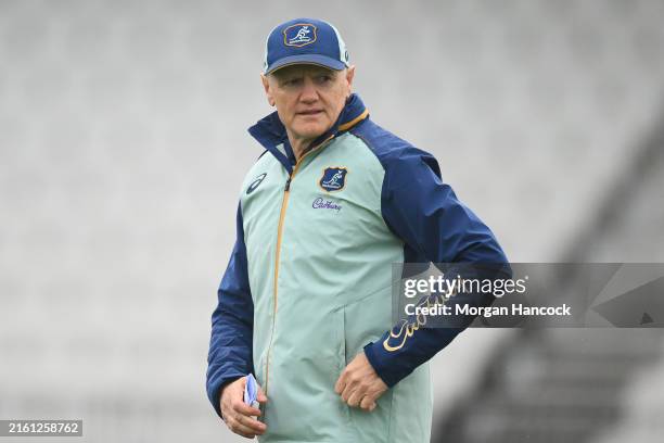 Joe Schmidt, Head Coach of the Wallabies watches on during a Wallabies training session at Lakeside Stadium on July 09, 2024 in Melbourne, Australia.