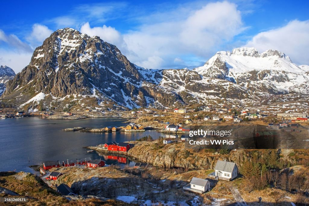 Aerial view landscape and beautiful panoramic view over Sorvugvatnet lake and fishing village