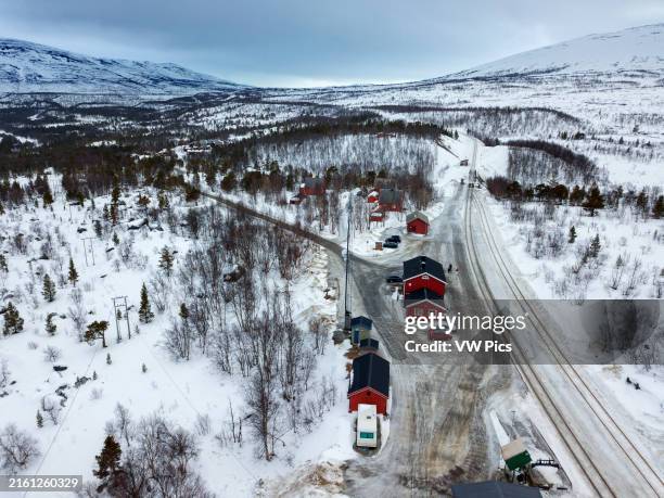 Lonsdal train station, Nordland, Norway. Arctic circle train from Bodo to Trondheim. At 729 kilometres, the Nordland Railway is Norways longest. The...