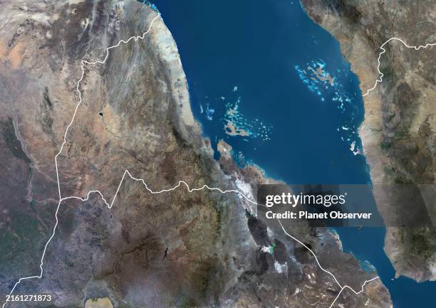 Color satellite image of Eritrea and neighbouring countries, with borders.