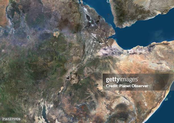 Color satellite image of Ethiopia and neighbouring countries in the Horn of Africa.