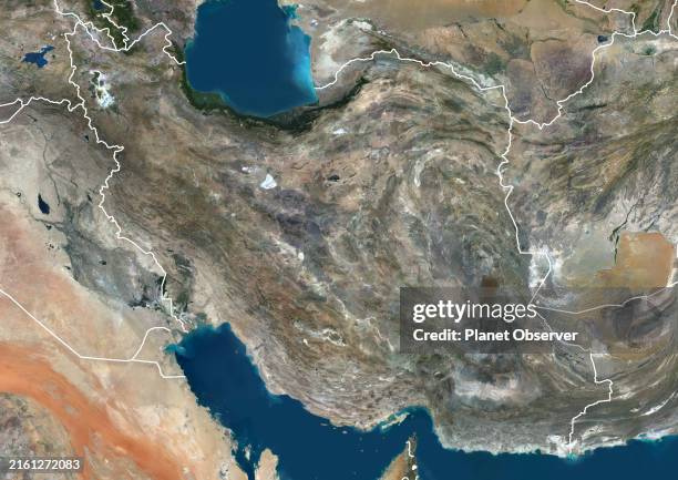 Color satellite image of Iran and neighbouring countries, with borders.
