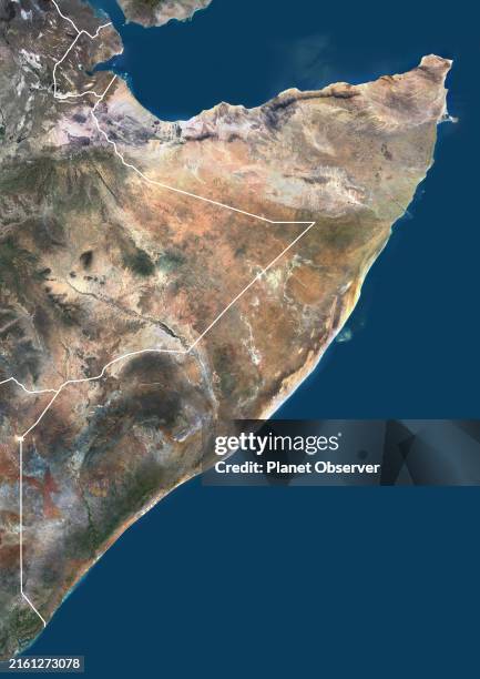 Color satellite image of Somalia and neighbouring countries, with borders.