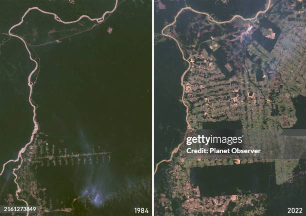 Color satellite image of deforestation in Rondonia, Brazil in 1984 and 2022.