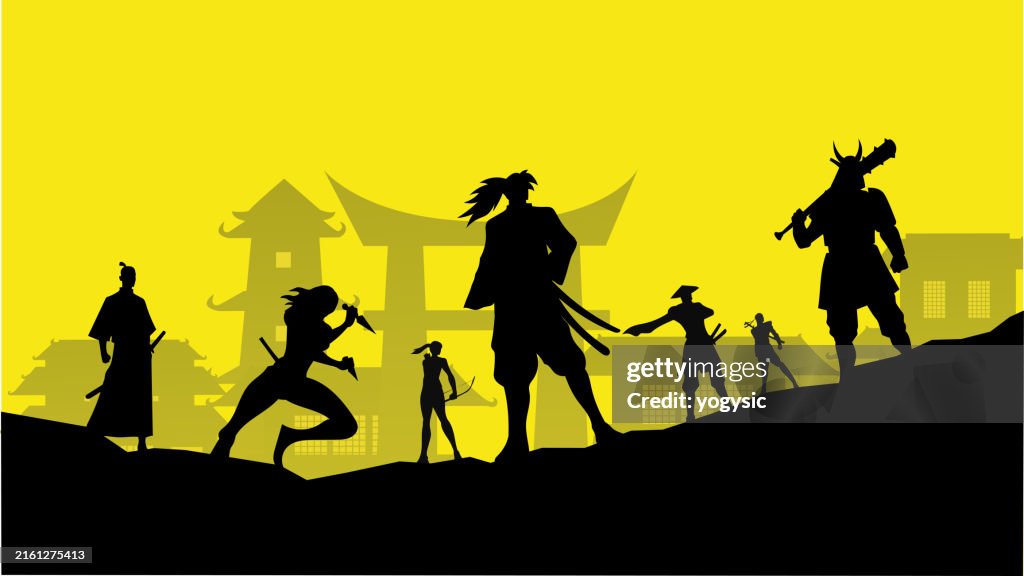 Vector Samurai Warriors Team Silhouette Stock Illustration