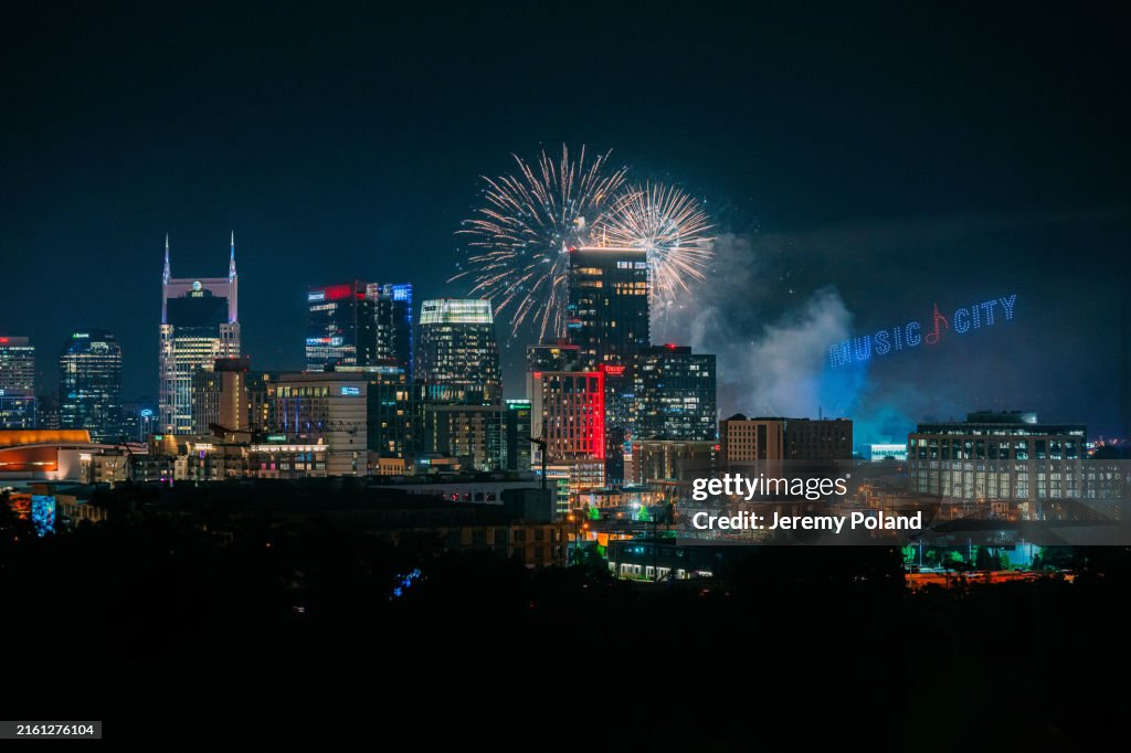 Independence Day Fireworks and Drone Show spelling "Music City" in Downtown Nashville, Tennessee
