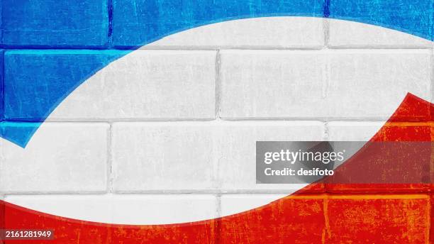 horizontal creative backgrounds of tricolor solid abstract curved shape stripes or bands, in bright blue and vibrant red smudged colored corners as in national french flag of france painted on a rough textured effect white brick wall - wall corner stock illustrations