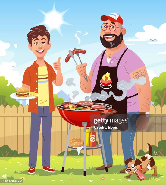 father and son having a barbecue in the backyard - family backyard stock illustrations