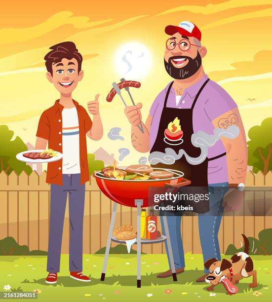 father and son having a barbecue at sunset - family backyard stock illustrations