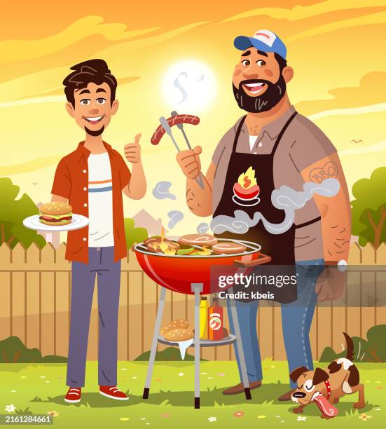 barbecue in the backyard at sunset - family backyard stock illustrations