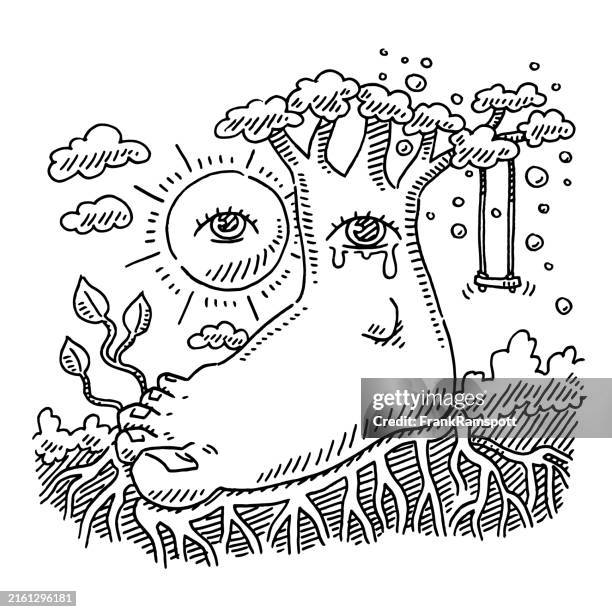 bizarre foot tree eye landscape drawing - empty swing stock illustrations