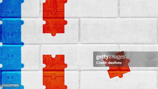 horizontal blank rough textured bordered white coloured whitewashed brick wall vector background with red and blue jigsaw pieces, painted as graffiti with copy space for business strategies, ideas planning backdrops - whitewashed brick stock illustrations