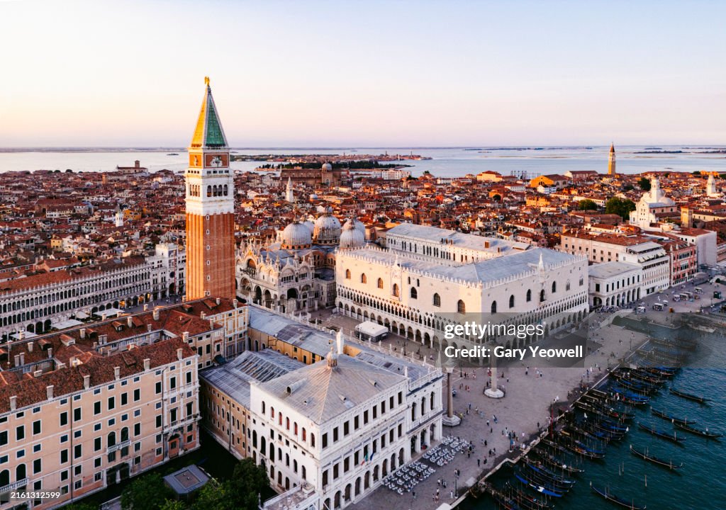 Aerial view over St Mark's square and city of Venice at sunset
