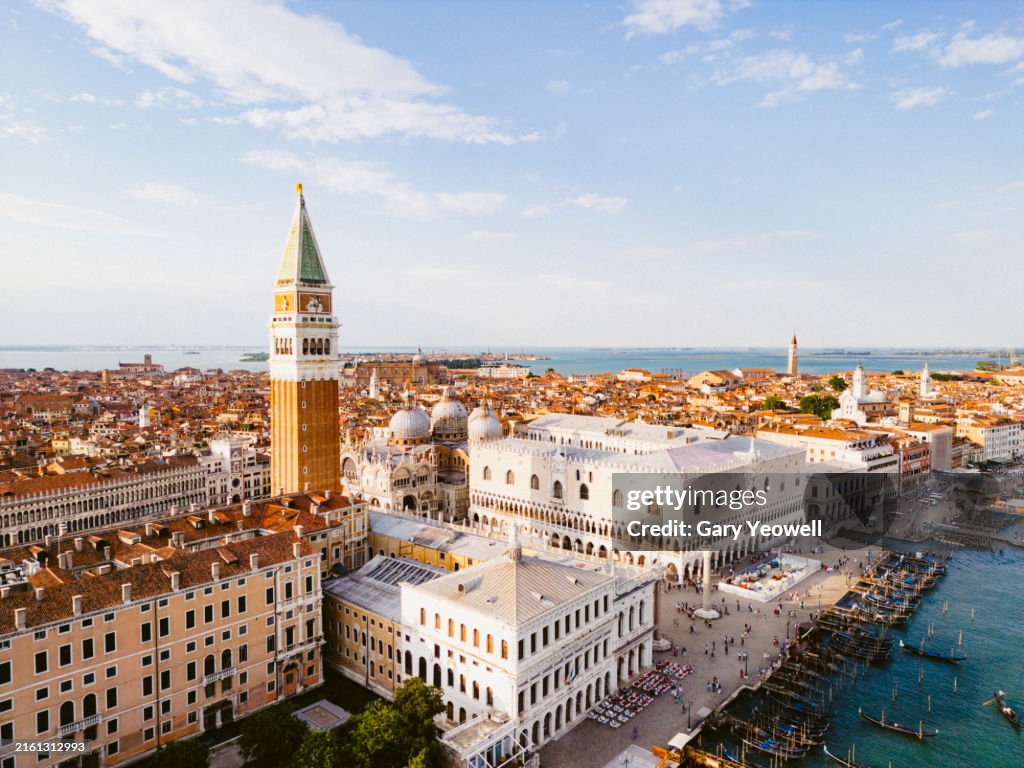 Aerial view over St Mark's square and city of Venice at sunset