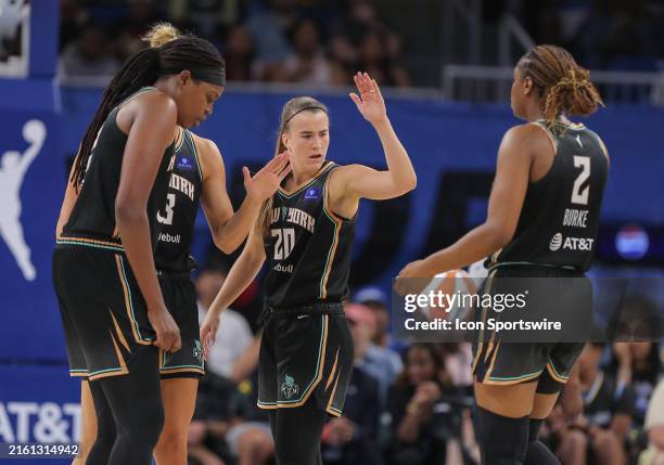 Sabrina Ionescu of the New York Liberty reacts to a call during the second half against the Chicago Sky on July 13, 2024 at Wintrust Arena in...