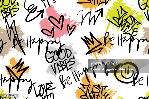 hand drawn graffiti doodle symbols and hand writing slogan seamless pattern - crown vector doodle stock illustrations