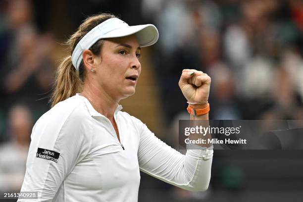 Donna Vekic of Croatia celebrates winning the second set as she plays against Lulu Sun of New Zealand in her Ladies' Singles Quarter Final match...
