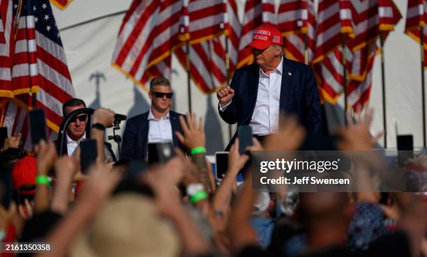 Republican presidential candidate, former U.S. President Donald Trump arrives for a rally at Butler Farm Show Inc. On July 13, 2024 in Butler,...