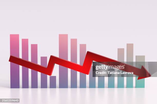 3d render of gradient bar graph with downward trend arrow on white background. business, depression, economic recession, inflation, data analysis, stock market concept - empire photos et images de collection