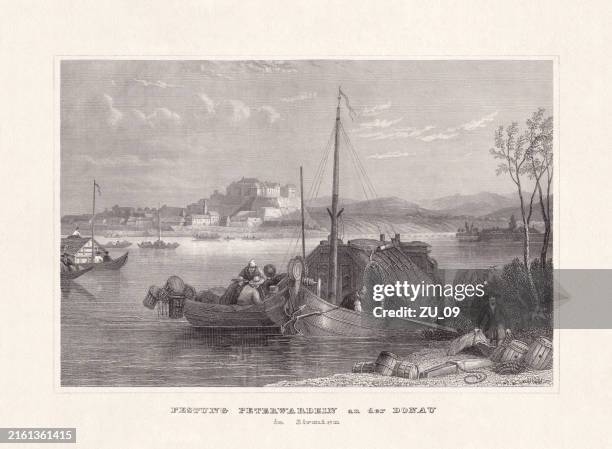 historical view of petrovaradin fortress, serbia, steel engraving, published 1836 - novi sad danube stock illustrations