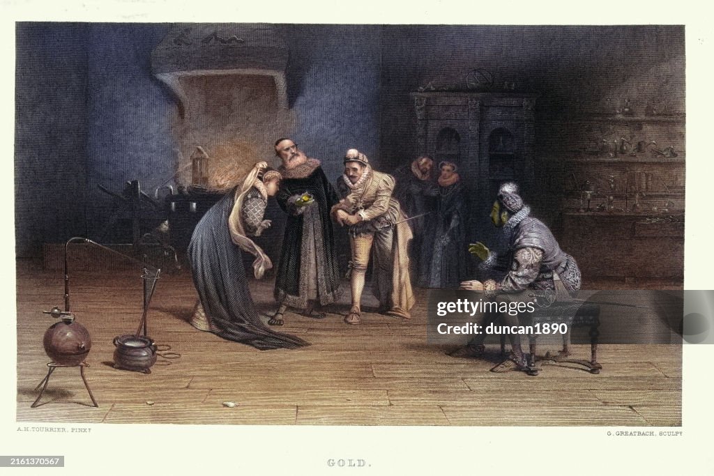History, Alchemy, An alchemist in his laboratory creating gold, after painting by Alfred Holst Tourrier, Vintage illustration, 19th Century