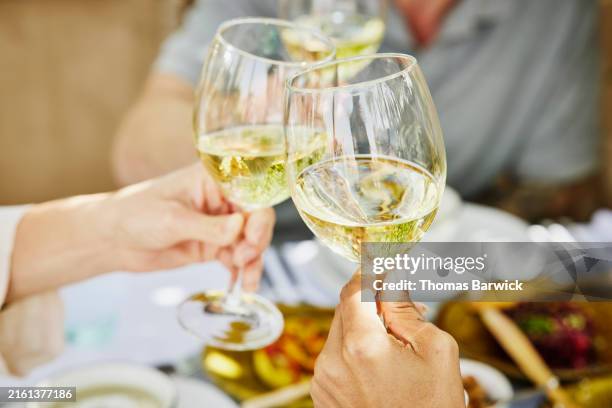 close up celebratory toast with hands holding white wine - white wine stockfoto's en -beelden