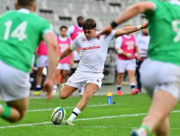 Benjamin Coen of England kicks a conversion during the World Rugby U/20 Championship, Semi Final match between England and Ireland at DHL Stadium on...