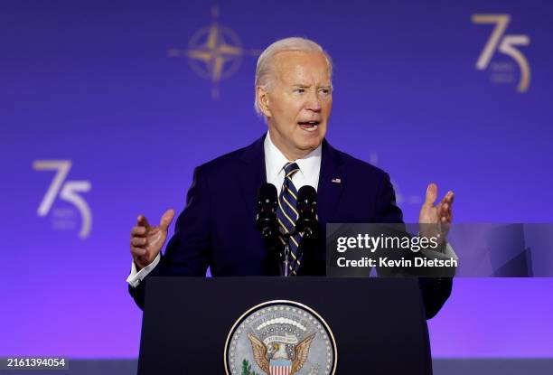 President Joe Biden delivers remarks during the NATO 75th anniversary celebratory event at the Andrew Mellon Auditorium on July 9, 2024 in...