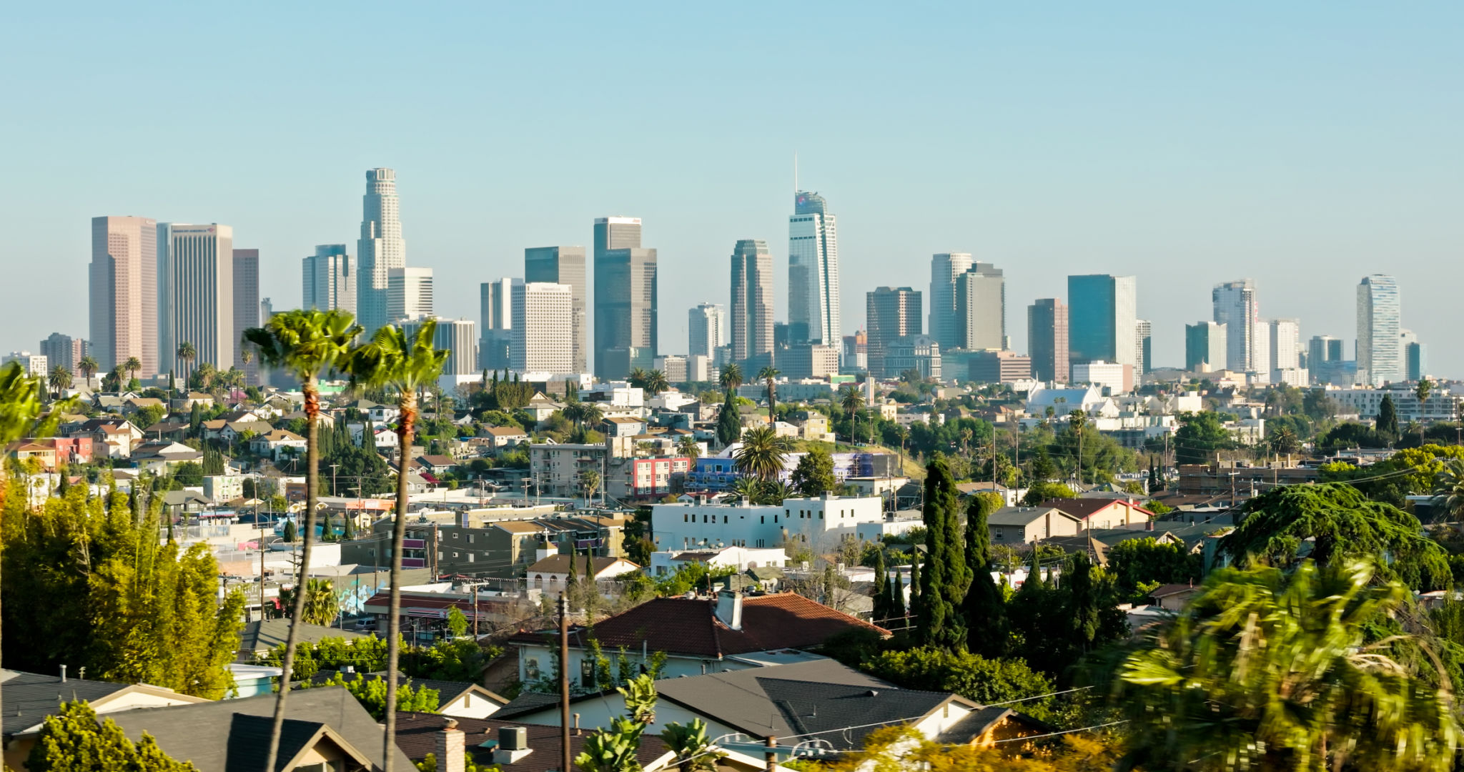 Drone Shot of Downtown Los Angeles Skyline from Silver Lake Drone Shot of Downtown Los Angeles Skyline from Silver Lake