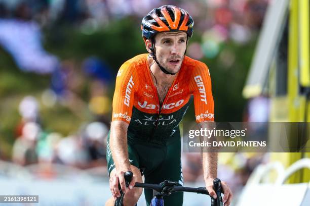 Britain's Simon Yates of Team Jayco Alula pictured as he crosses the finish line at stage 15 of the 2024 Tour de France cycling race, from...