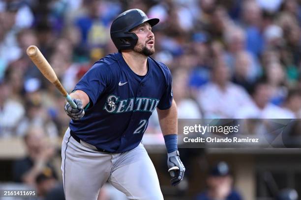 Cal Raleigh of the Seattle Mariners hits a two-run home run against the San Diego Padres during the third inning at Petco Park on July 09, 2024 in...