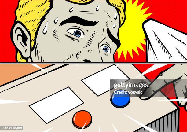 ilustrações de stock, clip art, desenhos animados e ícones de vector pop art panicked man choosing button meme stock illustration - incerteza