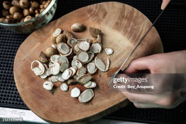 cropped shot view of chef cutting a pieces of puff ball mushroom (other named is earthstars mushroom) before cooking it. - astraeus hygrometricus stock pictures, royalty-free photos & images