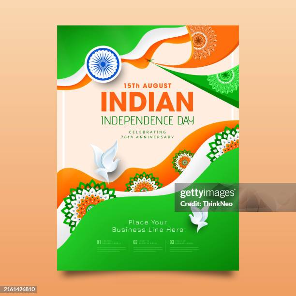 15th august indian independence day vector illustration background brochure template with indian flag and silhouette of india monument. - chakra stock illustrations