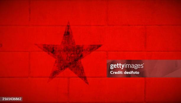 horizontal empty blank rough textured bright vibrant red maroon coloured whitewashed brick wall vector background with one smudged faded black coloured pentagram star shape painted as graffiti with copy space - single brick stock illustrations