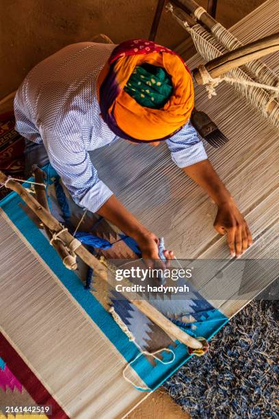 indian man weaving textiles (durry) in rajasthan - loom stock pictures, royalty-free photos & images